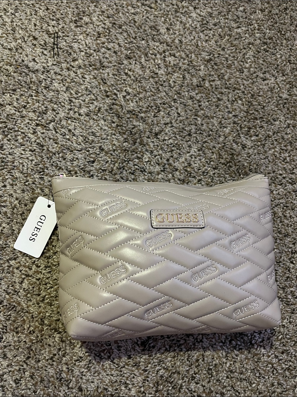 GUESS Quilted Cream Logo Wristlet Pouch